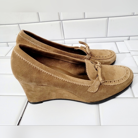 Alexandra Bartlett Ladies Tan Suede Leather 3in Wedge Heel Shoe  Preppy Ivy Leag - Picture 3 of 9